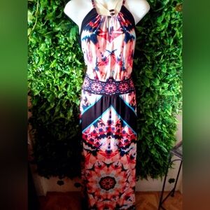 EUC London Times Ikat Tile Halter Maxi Dress Vibrant Geometric Ankle Length 14P